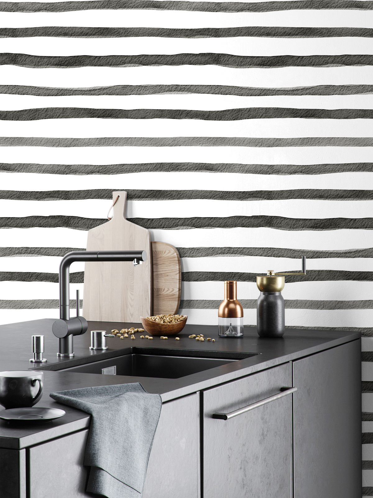 Soft black horizontal striped temporary wallpaper, kitchen backsplash wall ideas, water resistant peel and stick wall mural for cabinet background