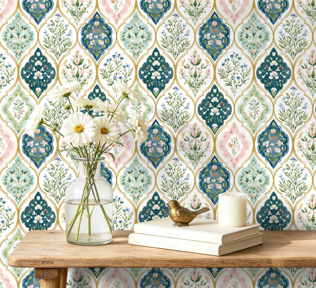 Soft green diamond floral peel and stick wallpaper, vintage botanical pattern wall covering
