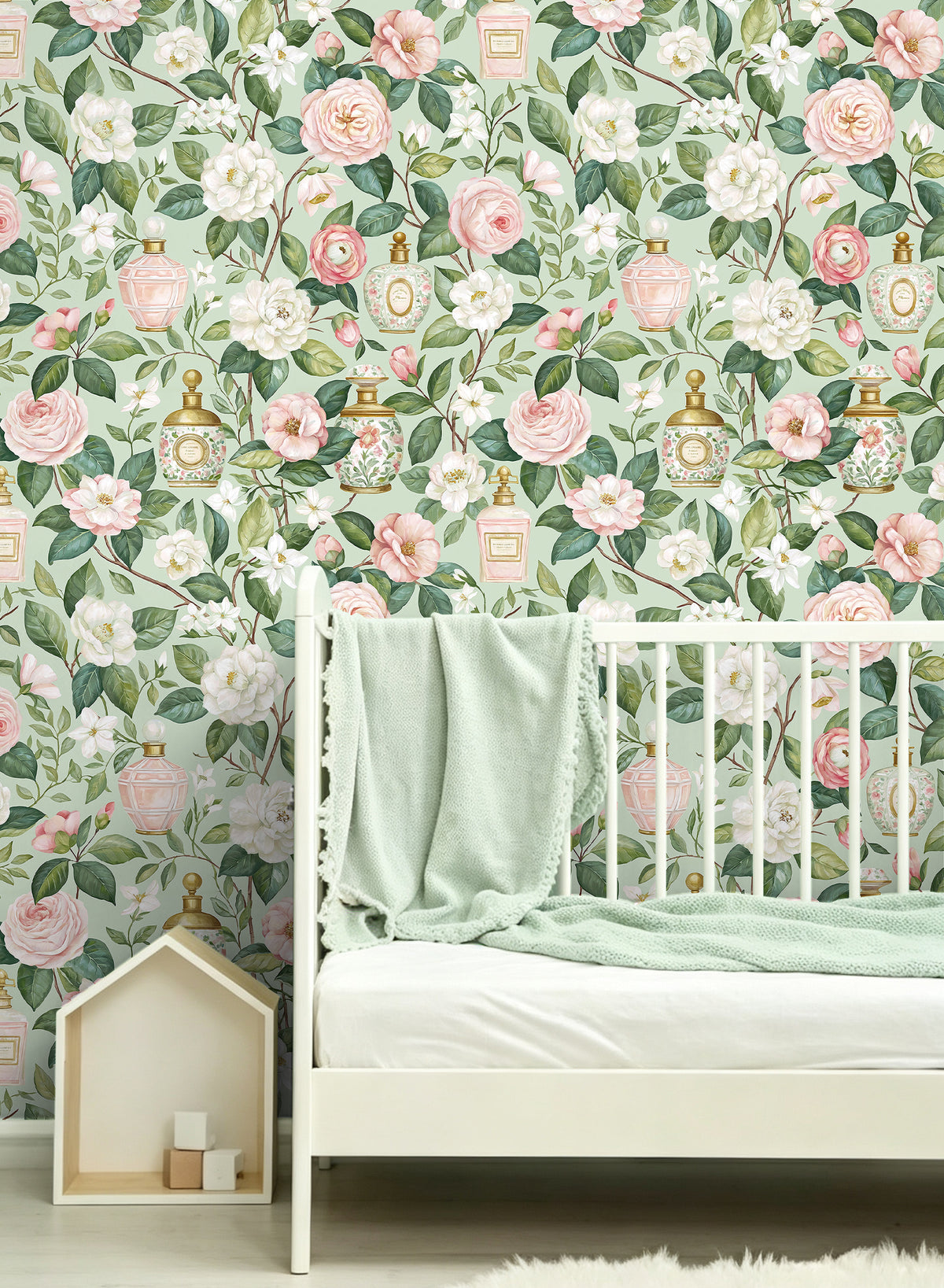 Soft green‑pink rose botanical removable wallpaper for elegant nursery room