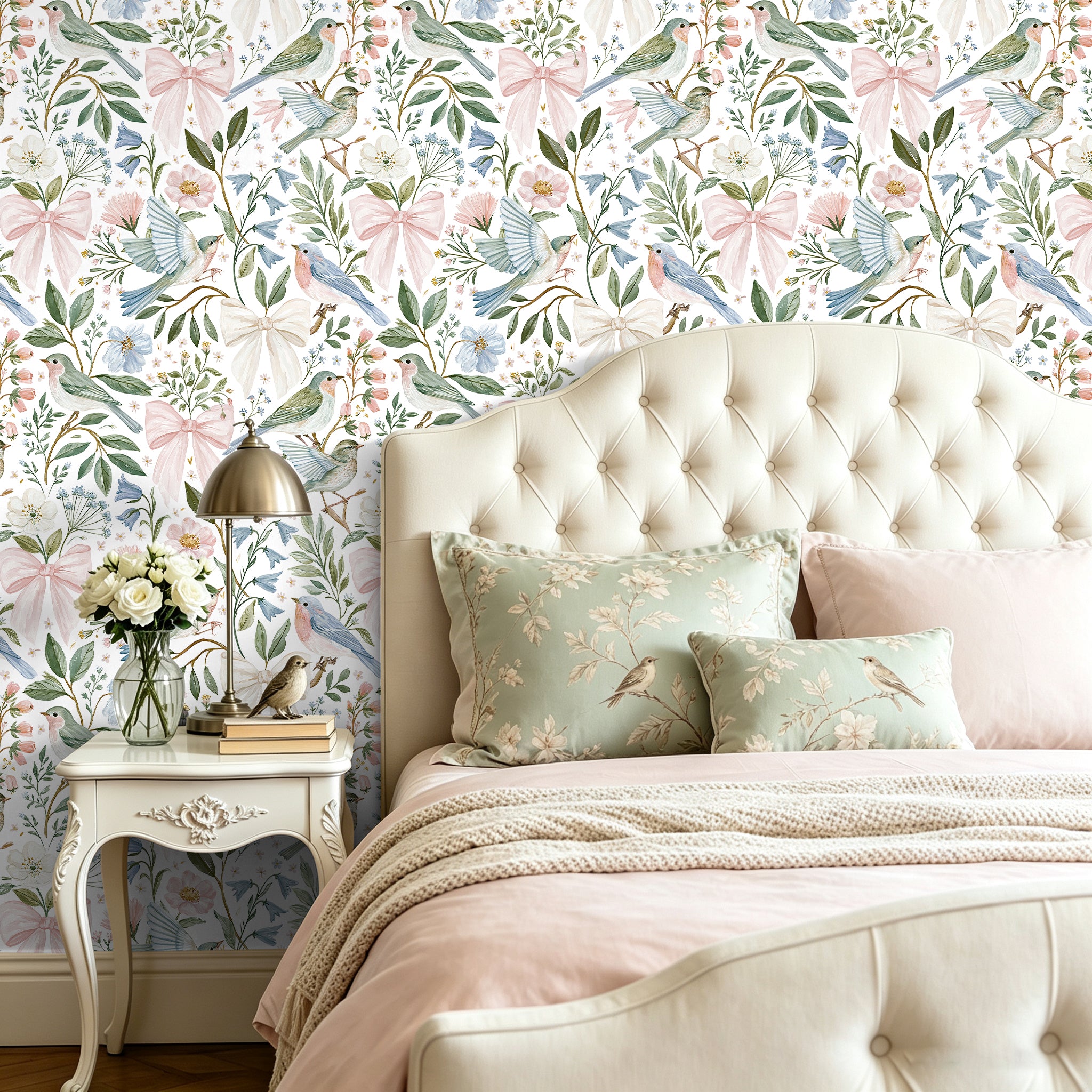 Soft pastel bird‑floral removable wallpaper in romantic cream master bedroom
