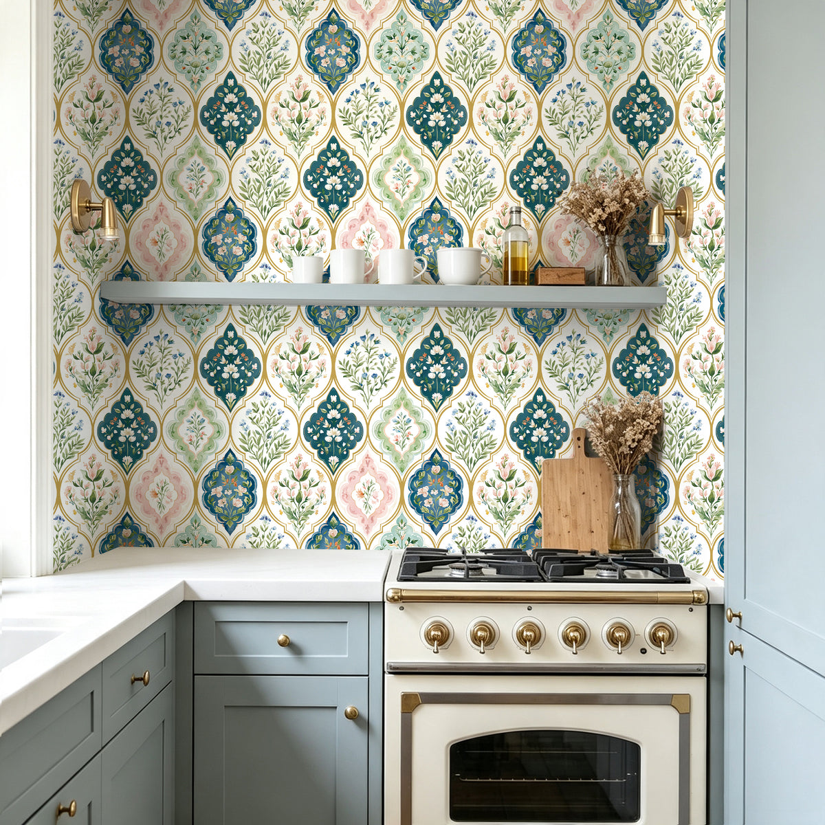 Soft teal botanical diamond removable wallpaper for kitchen cabinet and wall refresh