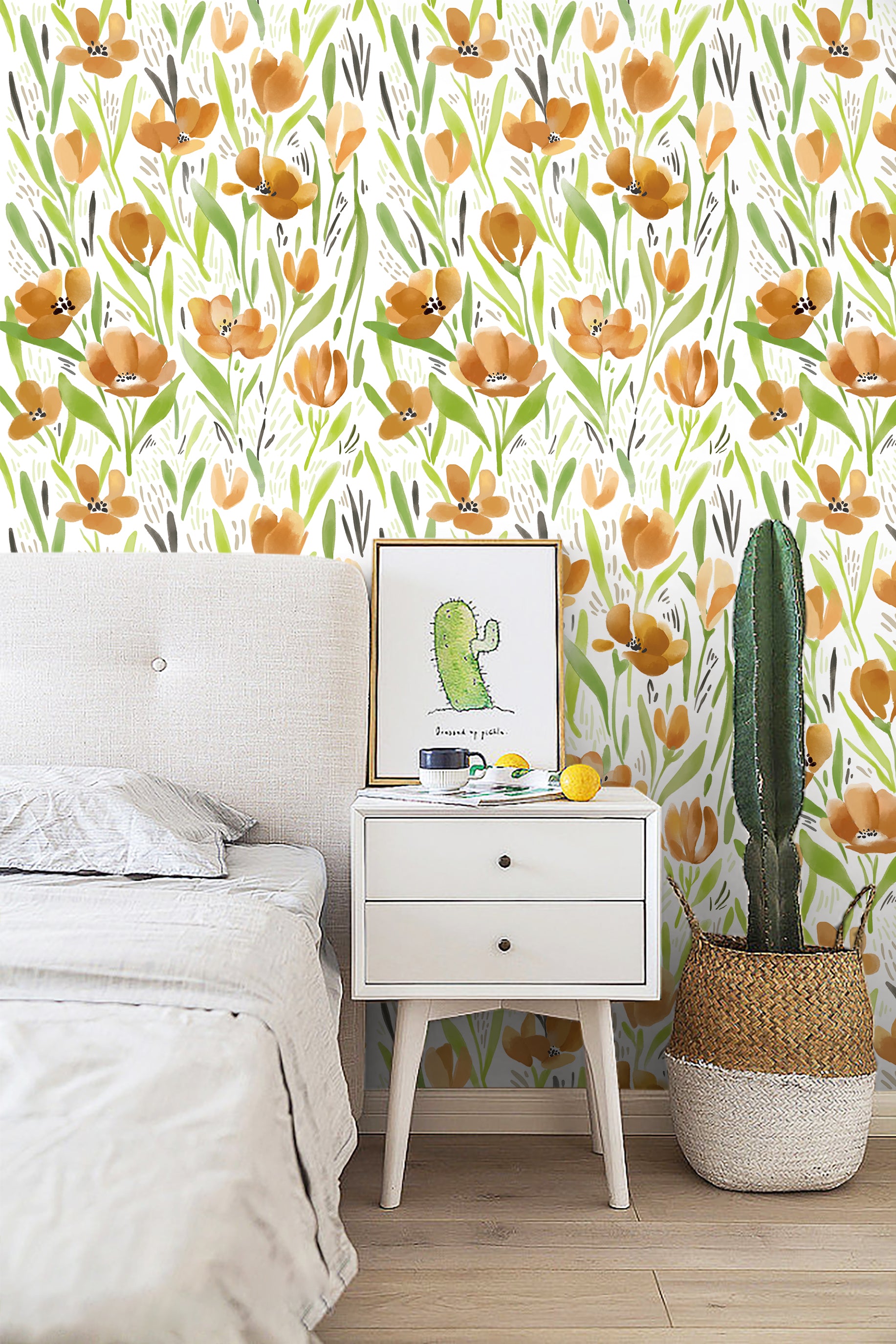 HaokHome 93392 Spring Floral Peel & Stick Wall Paper with White/Green/Earth Tone Flower Contact Paper