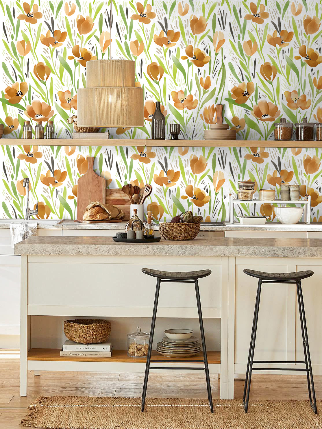 HaokHome 93392 Spring Floral Peel & Stick Wall Paper with White/Green/Earth Tone Flower Contact Paper