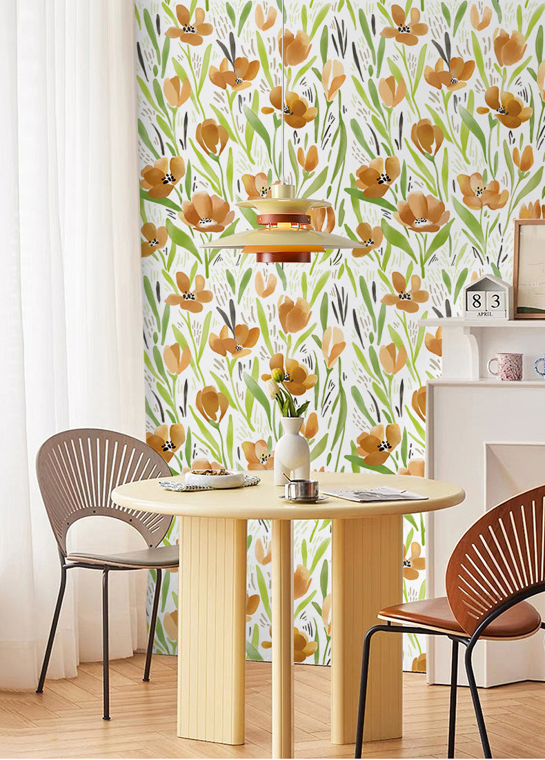 HaokHome 93392 Spring Floral Peel & Stick Wall Paper with White/Green/Earth Tone Flower Contact Paper