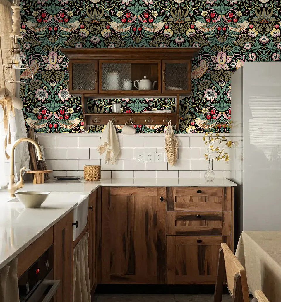 HAOKHOME 94029-3 Vintage Floral Peel and Stick Wallpaper Strawberry Thief Botanical Black/Olive/Pink Wall Murals Home Kitchen Bedroom Decor by William Morris