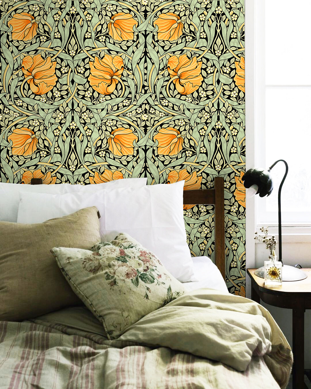 HAOKHOME 94028-3 Vintage Floral Wallpaper Peel and Stick Botanical Green/Yellow/Black Wall Murals Home Kitchen Bedroom Decor by William Morris