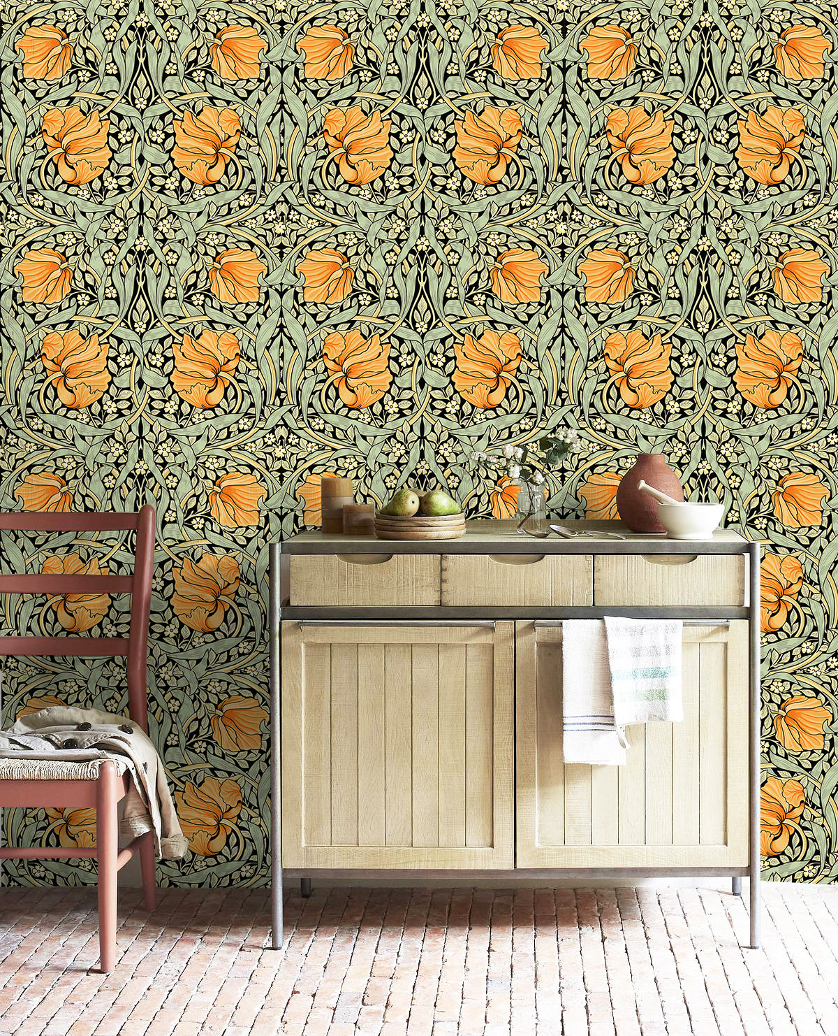 HAOKHOME 94028-3 Vintage Floral Wallpaper Peel and Stick Botanical Green/Yellow/Black Wall Murals Home Kitchen Bedroom Decor by William Morris