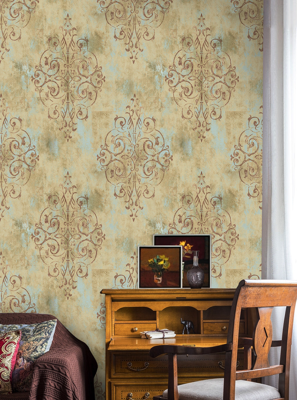 HaokHome 94005-3 Vintage French Damask Peel & Stick Brown Vinyl Self Adhesive Wall Paper Design for Walls