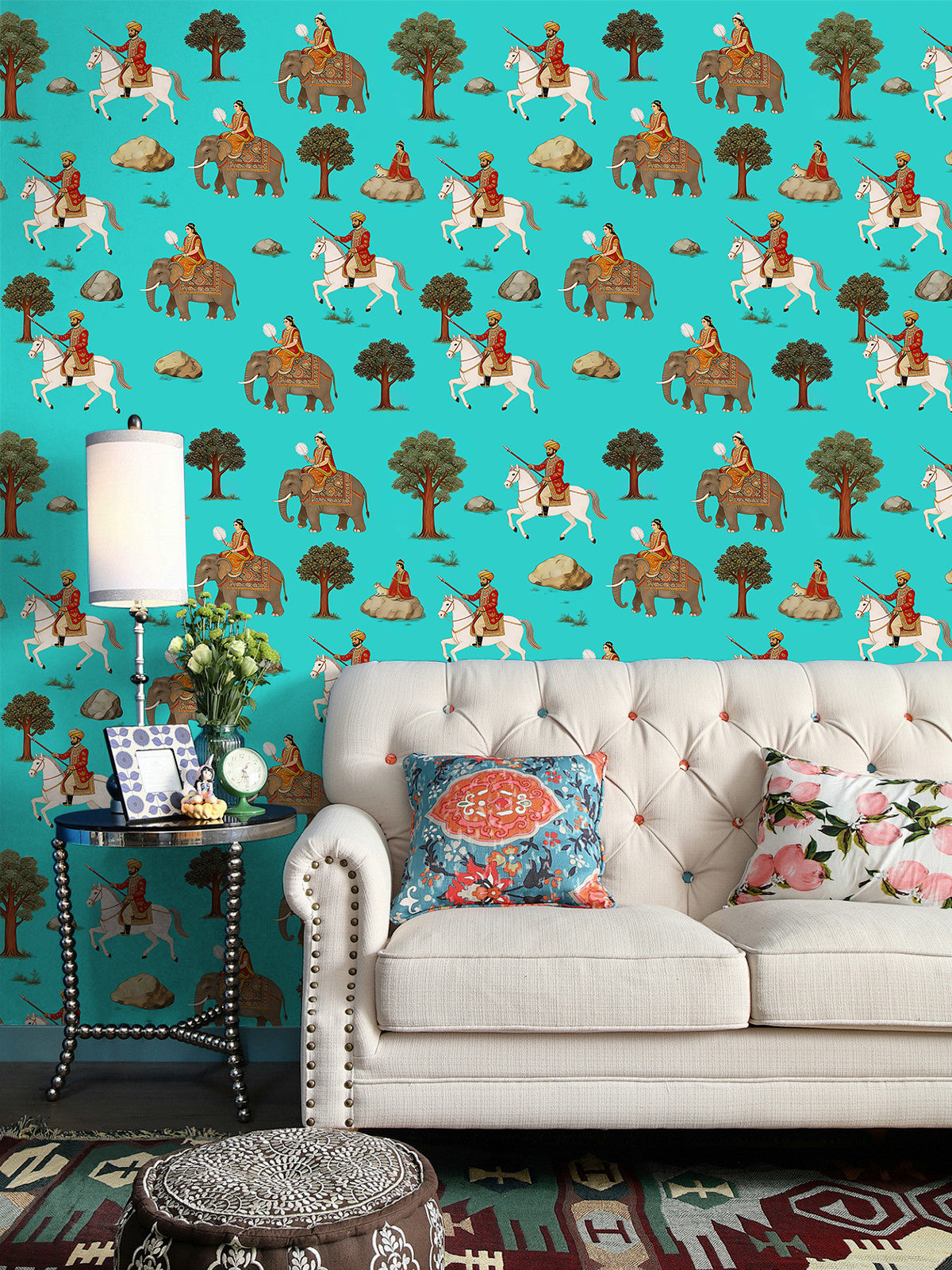 Vintage Mughal Royal Procession Peel and Stick Wallpaper - Turquoise Teal
