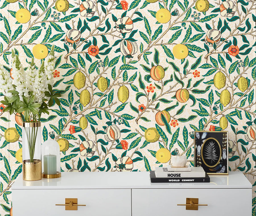 HAOKHOME 93308-2 Vintage Peel and Stick Wallpaper Lemon Pomegranate Forest Beige/Green/Yellow Wall Murals Home Kitchen Bedroom Decor by William Morris