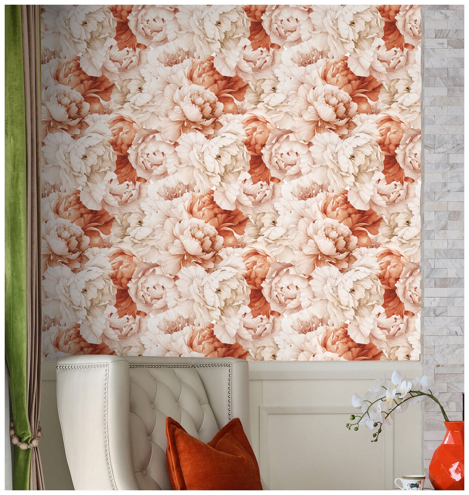 HAOKHOME 93180 Vintage Peony Floral Peel and Stick Wallpaper Removable Pink/Dark Orange Vinyl Self Adhesive Mural