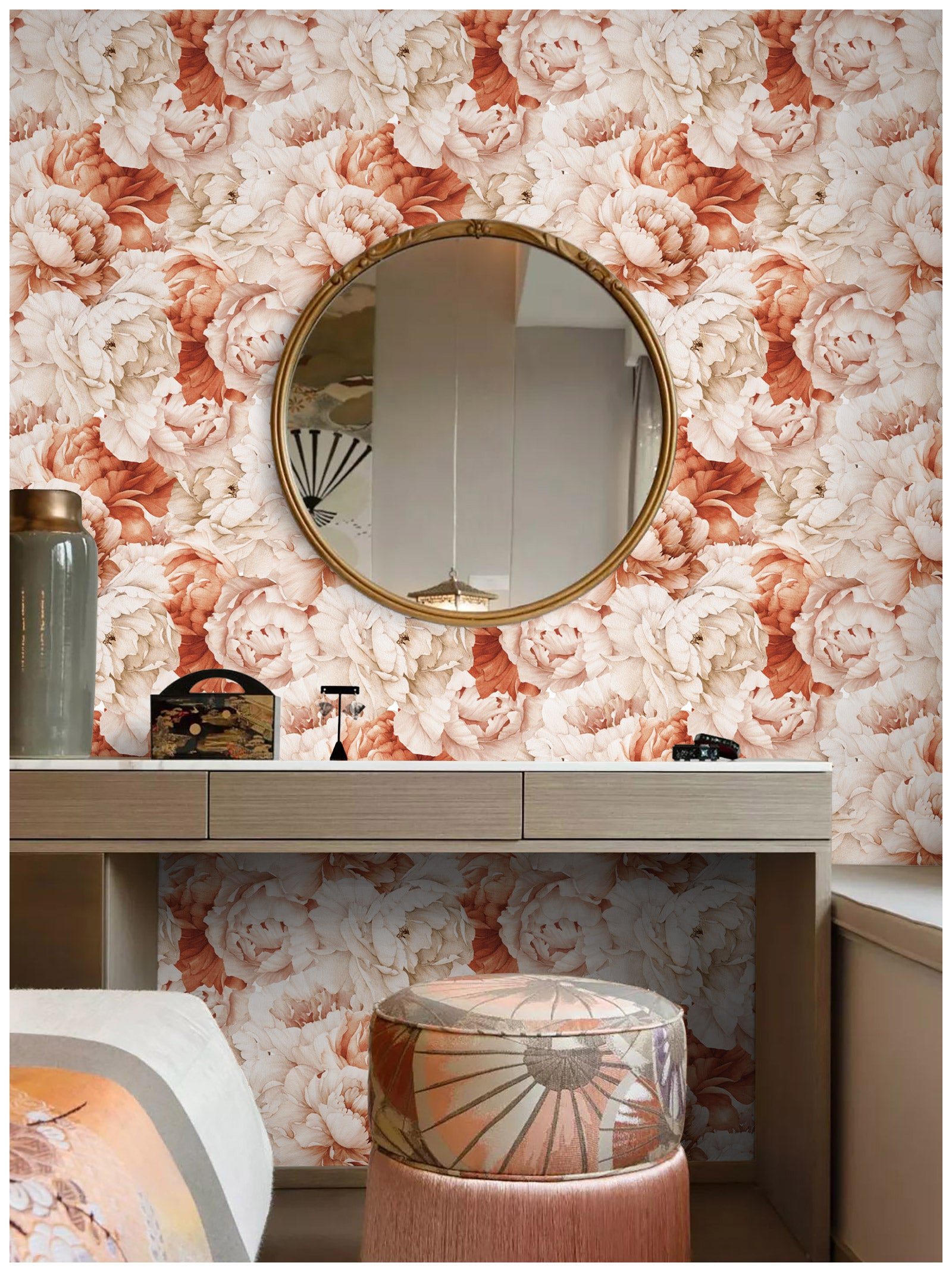 HAOKHOME 93180 Vintage Peony Floral Peel and Stick Wallpaper Removable Pink/Dark Orange Vinyl Self Adhesive Mural