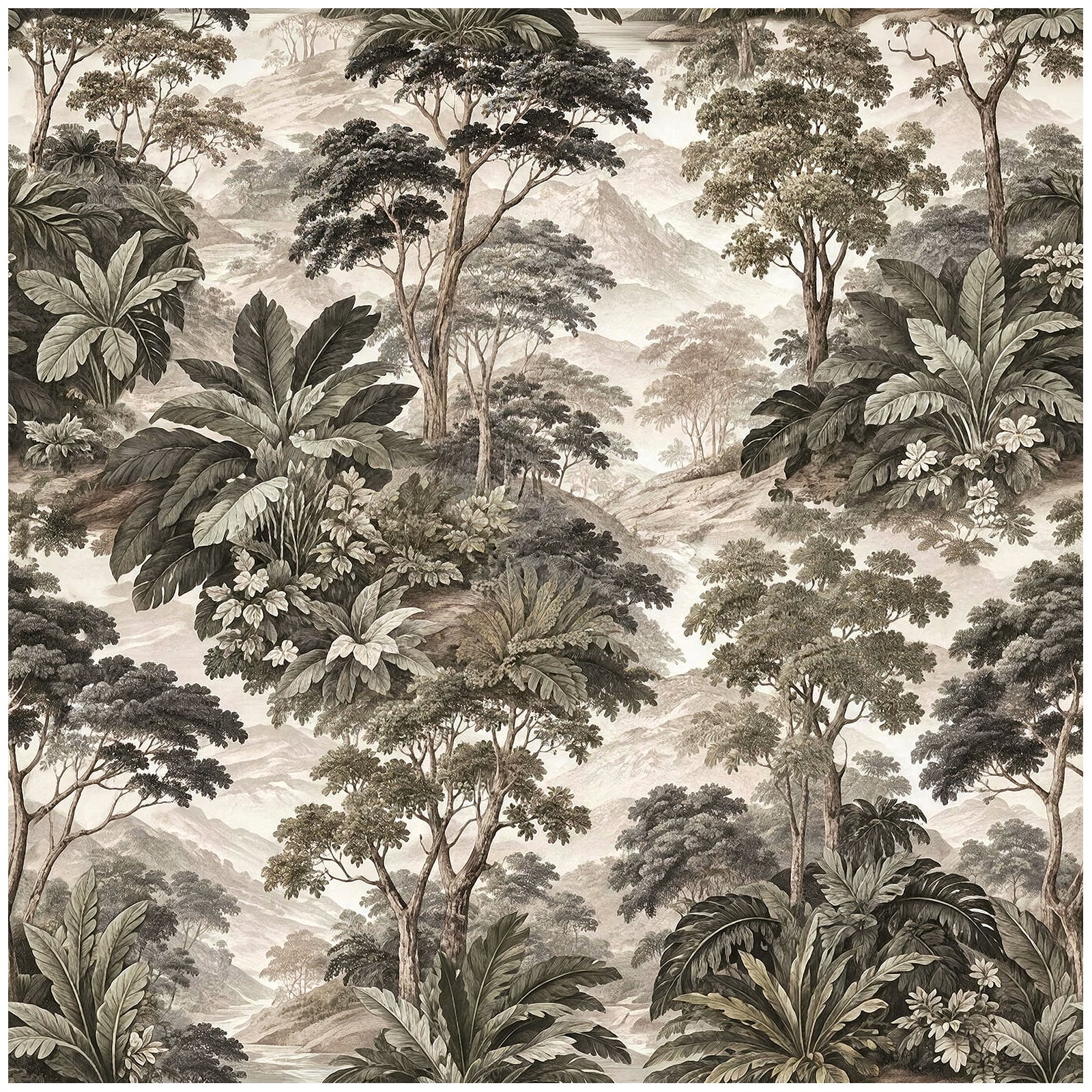 Vintage Tropical Landscape Wallpaper – Sepia Jungle Tree Botanical Print