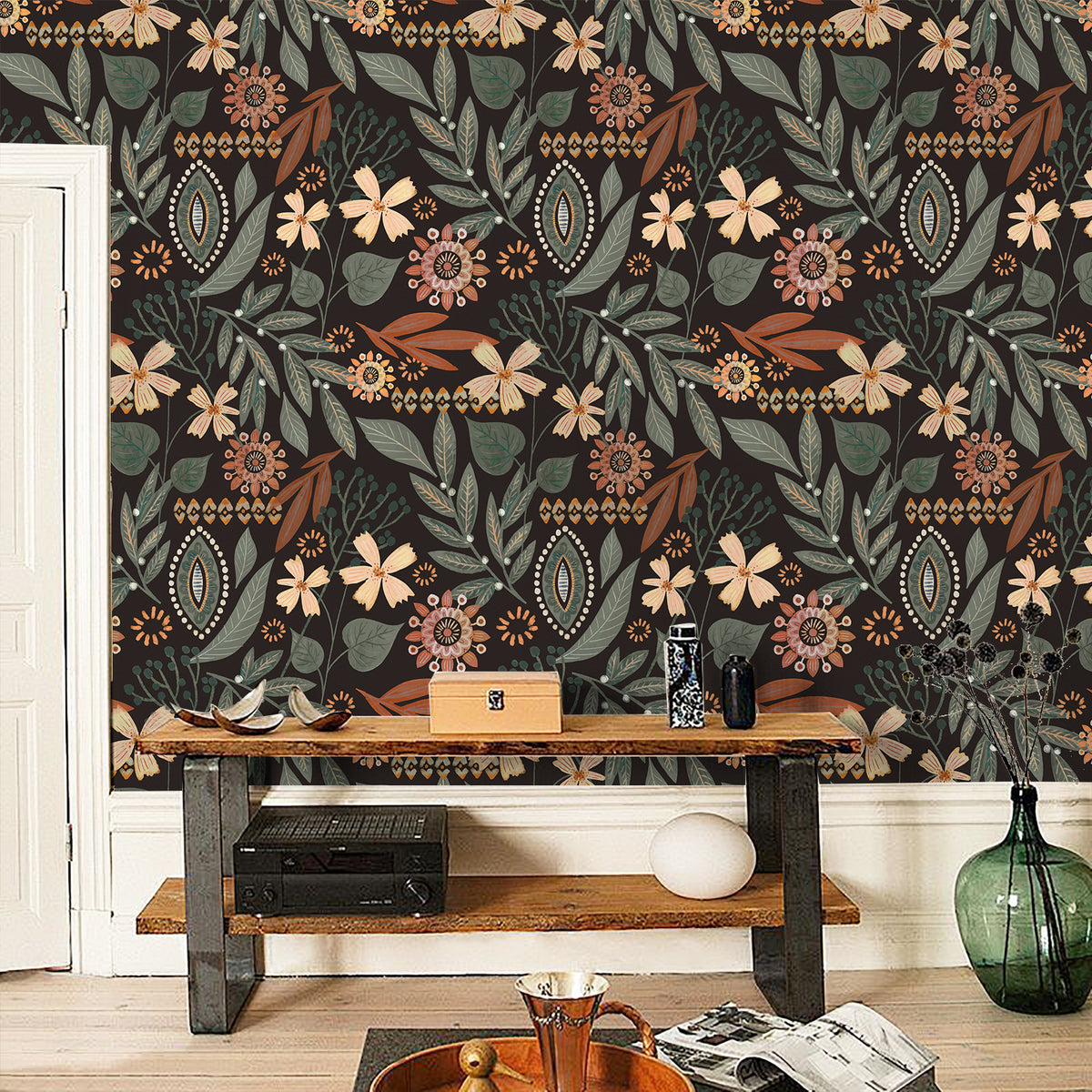 Vintage botanical peel and stick wallpaper entryway accent wall, dark cottagecore home design