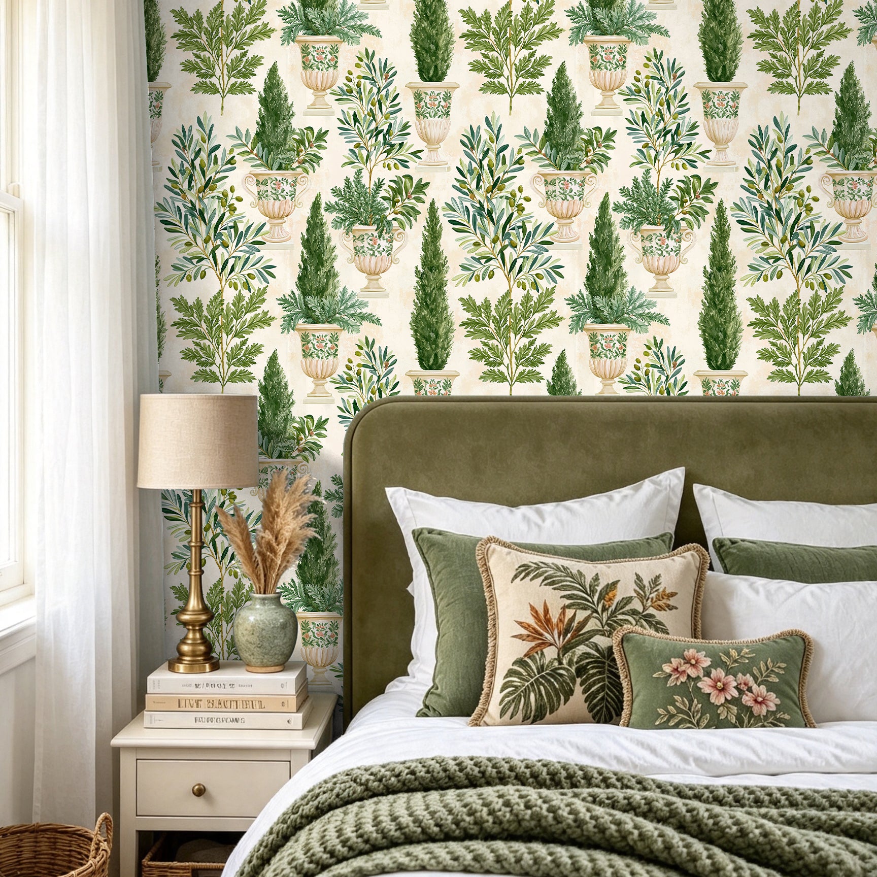 Vintage botanical potted tree removable wallpaper for cozy cottage master bedroom