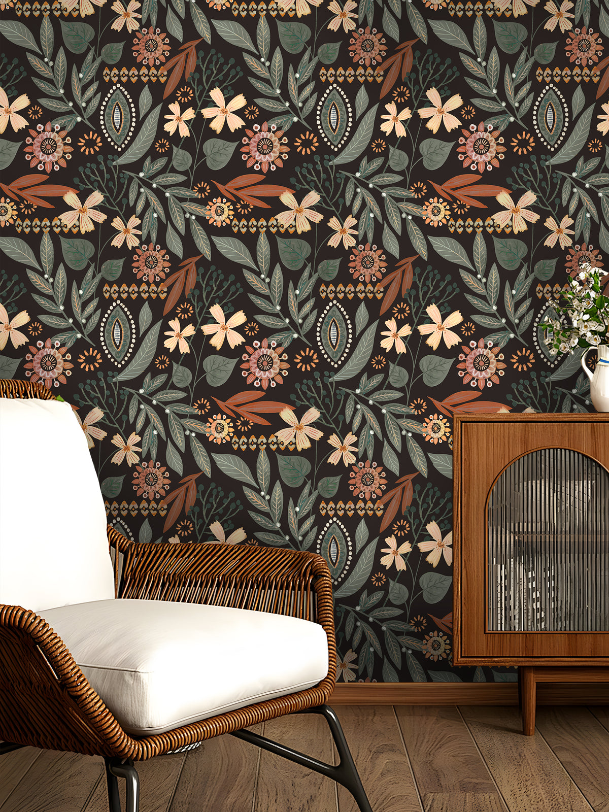 Vintage dark floral peel and stick wallpaper accent wall in reading nook, boho home decor