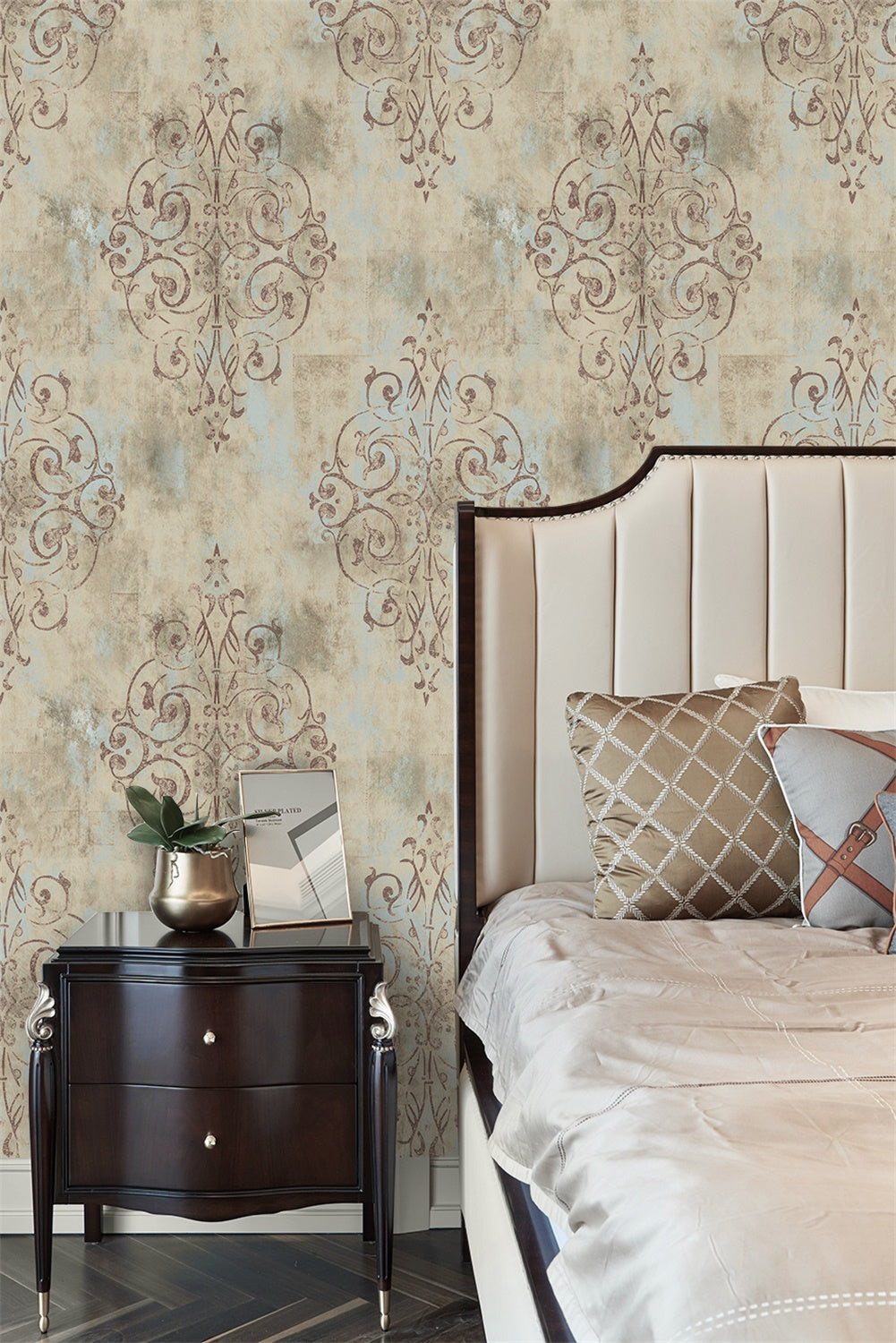 Vintage distressed damask wallpaper bedroom interior, muted beige blue antique floral wall covering for traditional home decor