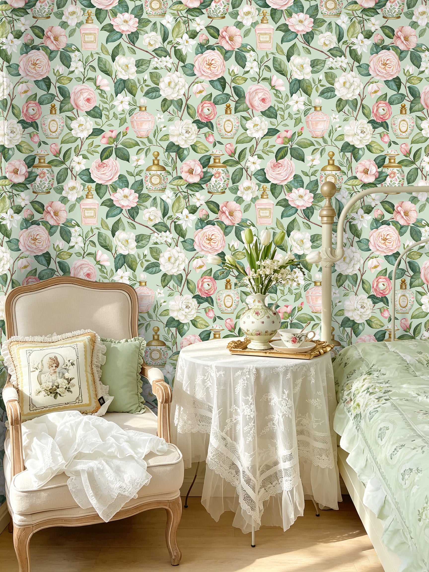 Vintage floral peel‑and‑stick wallpaper in romantic french‑style bedroom corner
