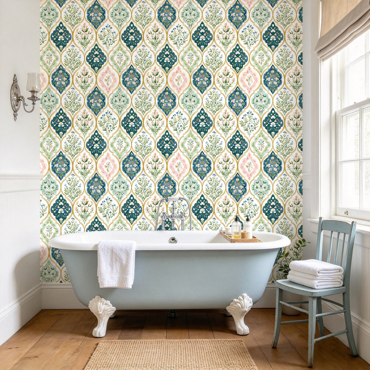 Vintage green floral ogee self-adhesive wallpaper for bathroom accent wall decor