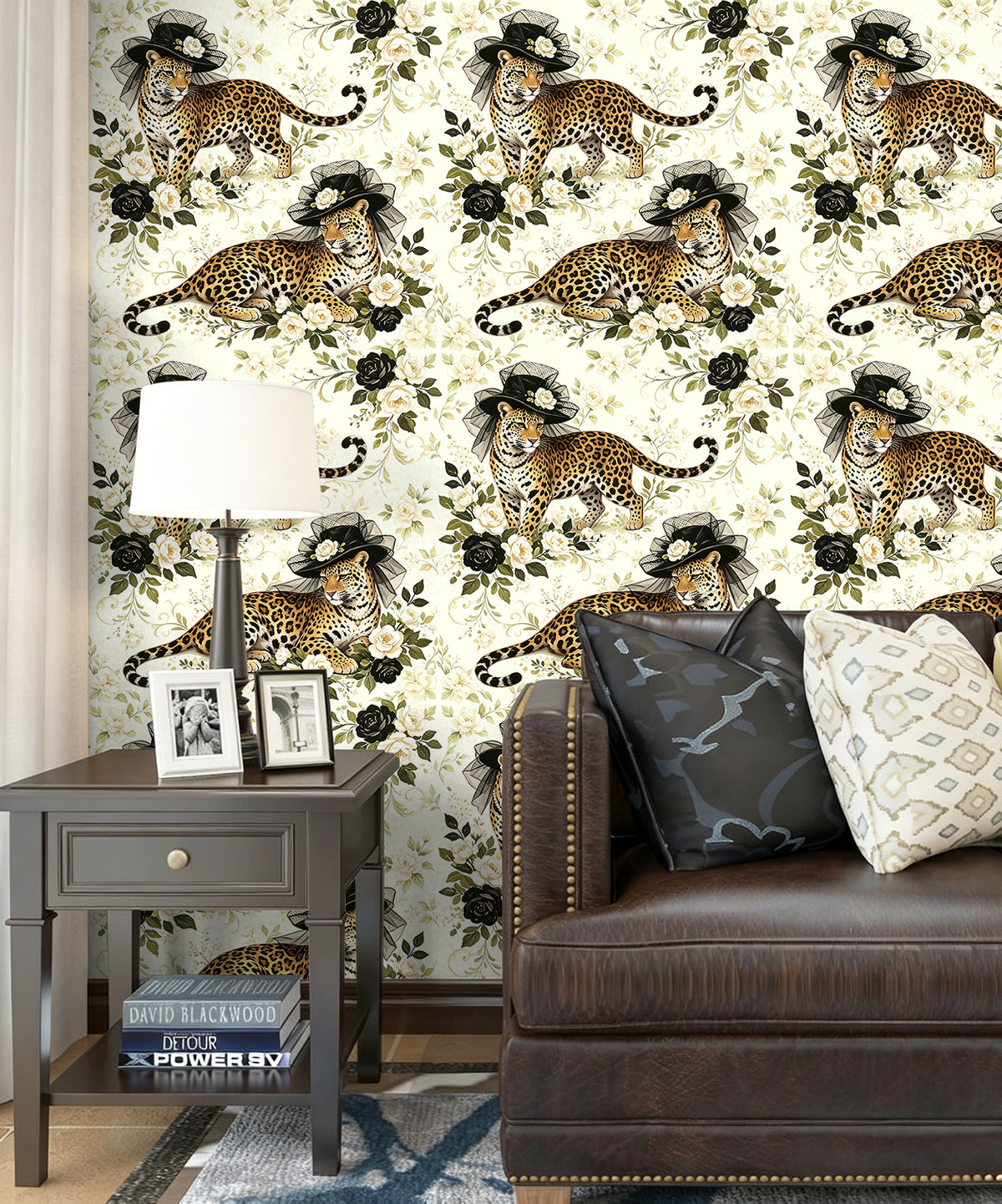 Vintage living room interior with whimsical leopard floral peel and stick wallpaper, classic dark sofa decor