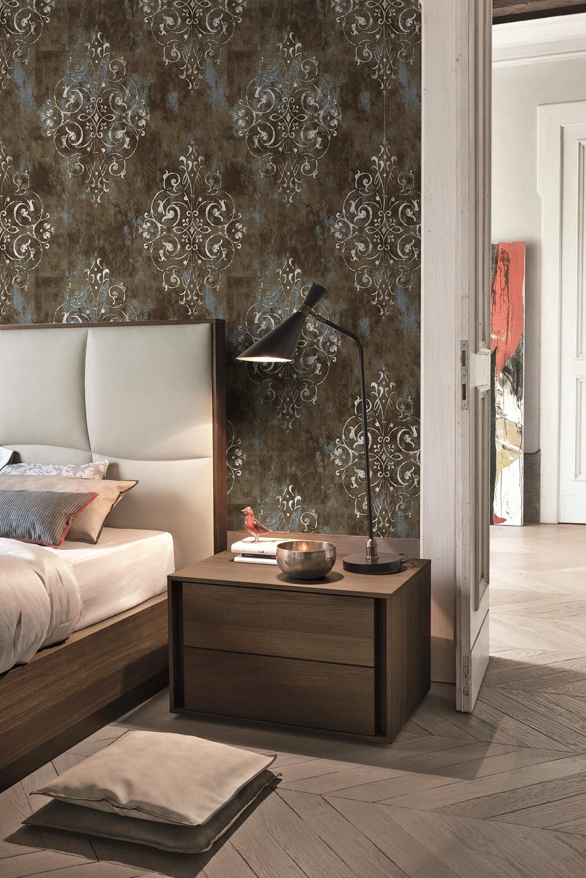 Vintage worn damask wallpaper for stylish contemporary bedroom accent wall