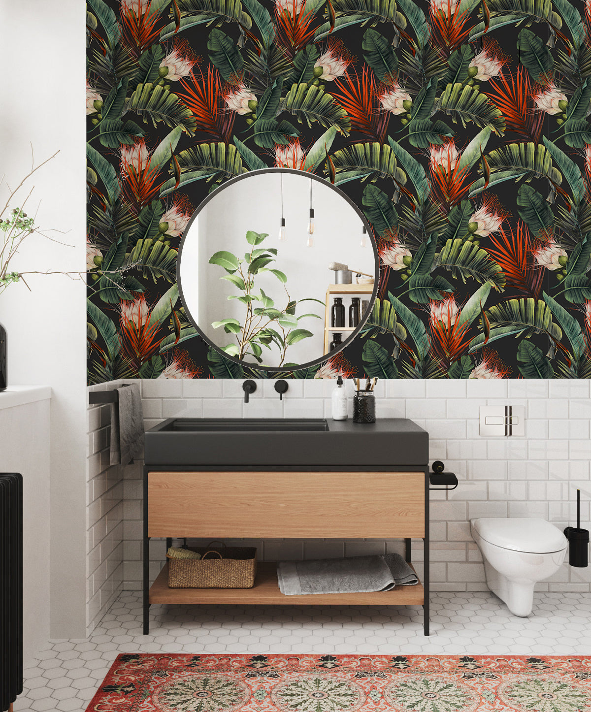 HAOKHOME Wallpaper 14.5sqft Vinyl Jungle Floral Black/Green/Red Peel and Stick, Tropical Botanical Wall Mural for Living Room, Bathroom, Kitchen, DIY Home Decor