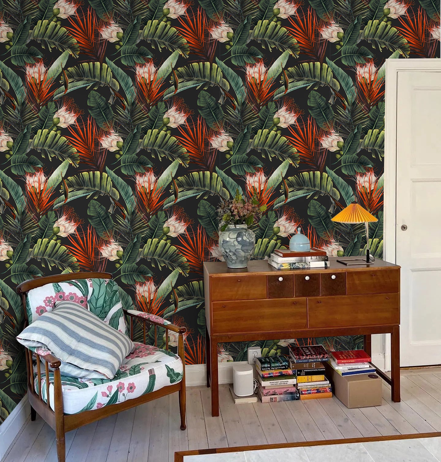 HAOKHOME Wallpaper 14.5sqft Vinyl Jungle Floral Black/Green/Red Peel and Stick, Tropical Botanical Wall Mural for Living Room, Bathroom, Kitchen, DIY Home Decor