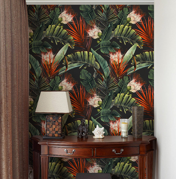 HAOKHOME Wallpaper 14.5sqft Vinyl Jungle Floral Black/Green/Red Peel and Stick, Tropical Botanical Wall Mural for Living Room, Bathroom, Kitchen, DIY Home Decor