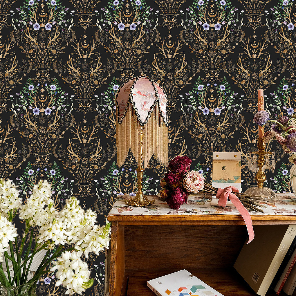 HAOKHOME 94027-1 Wallpaper Peel and Stick Retro Floral Damask Bronze/Black/Purple Wall Decor Bathroom Removable Mural