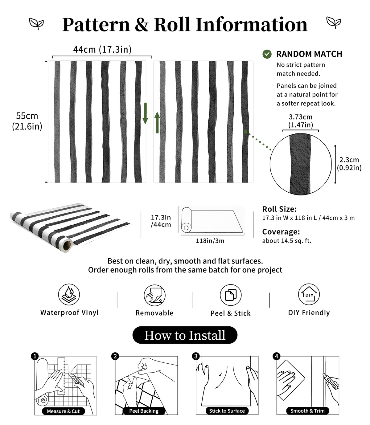 Wallpaper size chart and installation guide, black white stripe peel and stick wall covering, pattern repeat information for DIY home decor
