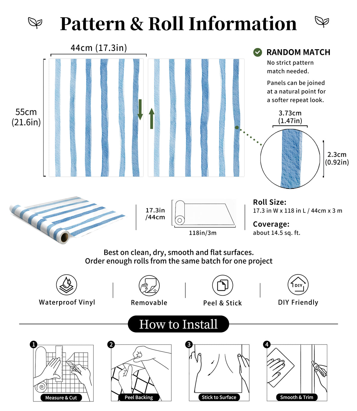 Wallpaper size chart and installation guide, blue stripe peel and stick wall covering, pattern repeat information for DIY home decor