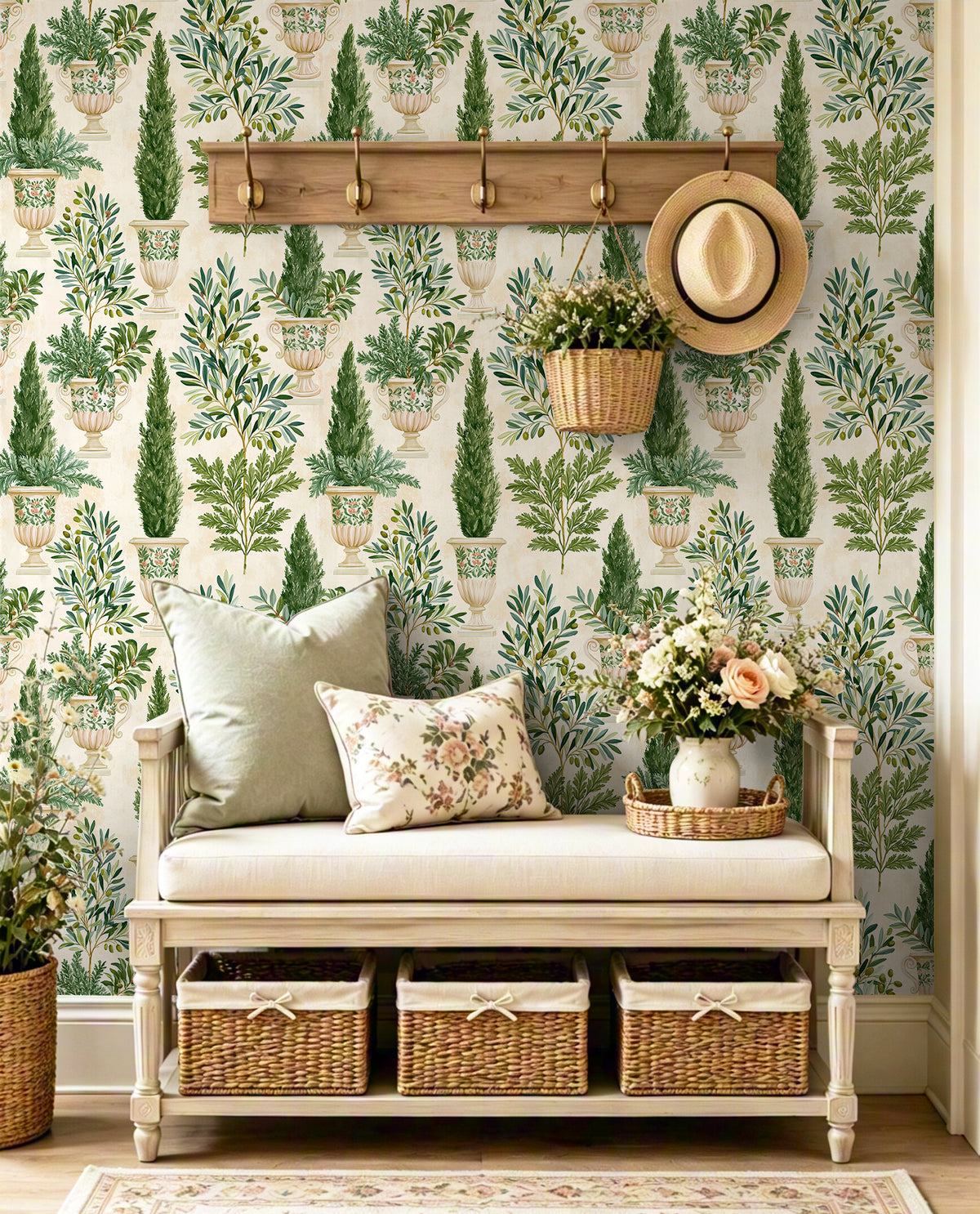 Whimsical potted tree print wallpaper for warm sunlit reading nook accent wall