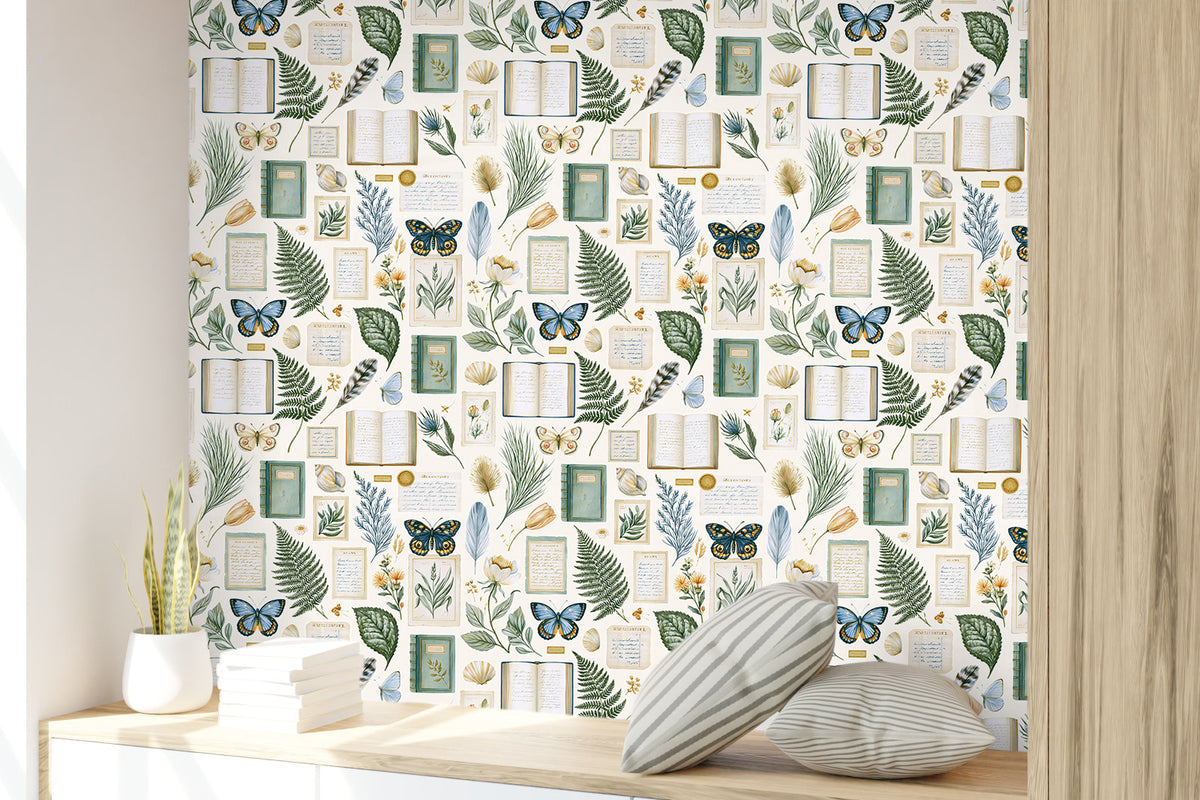Whimsical vintage book wallpaper for cozy casual bedroom accent wall
