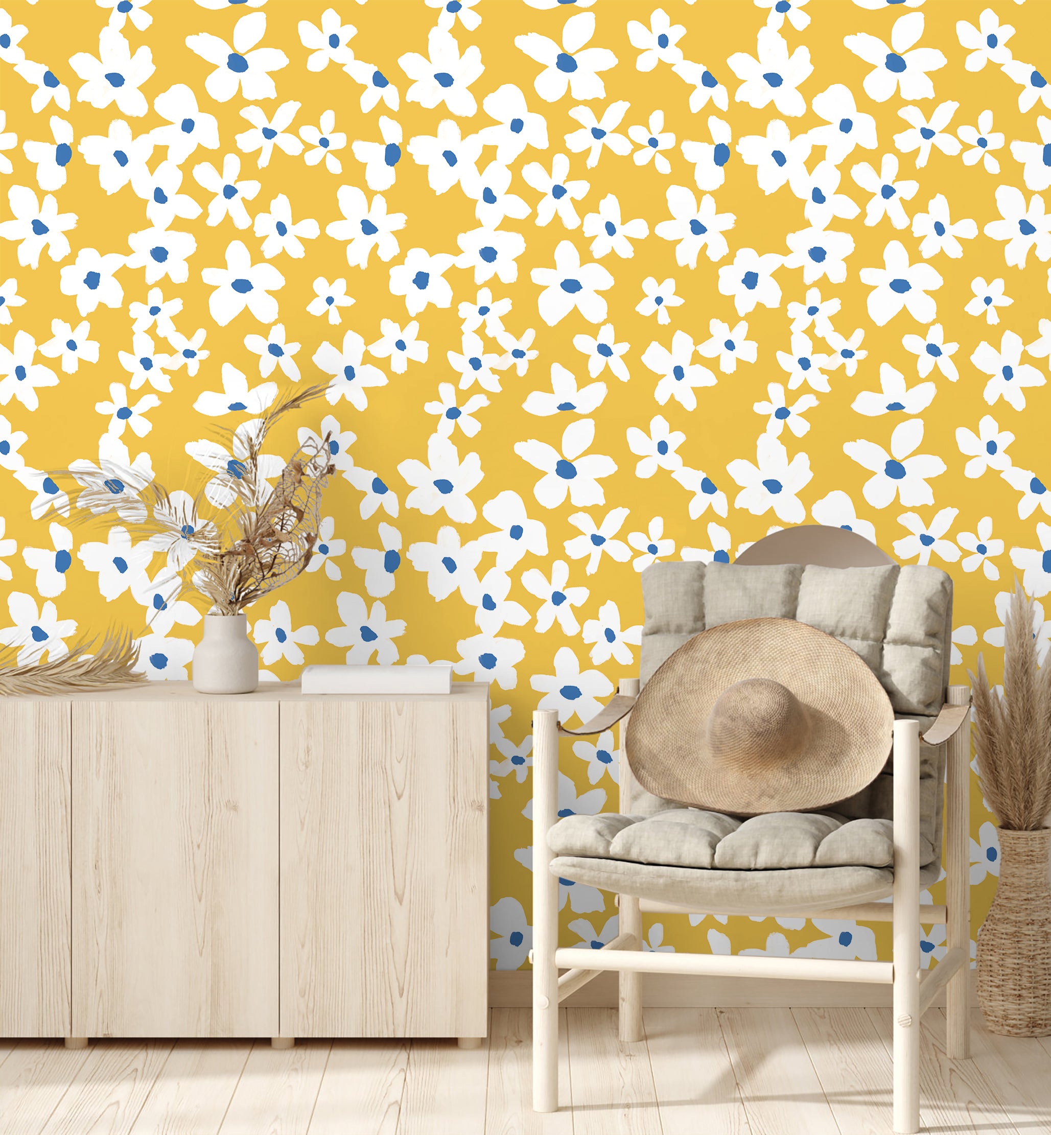 HaokHome 93391 Yellow White Floral Wallpaper Removable Wall Paper for Bedroom Bathroom Textured