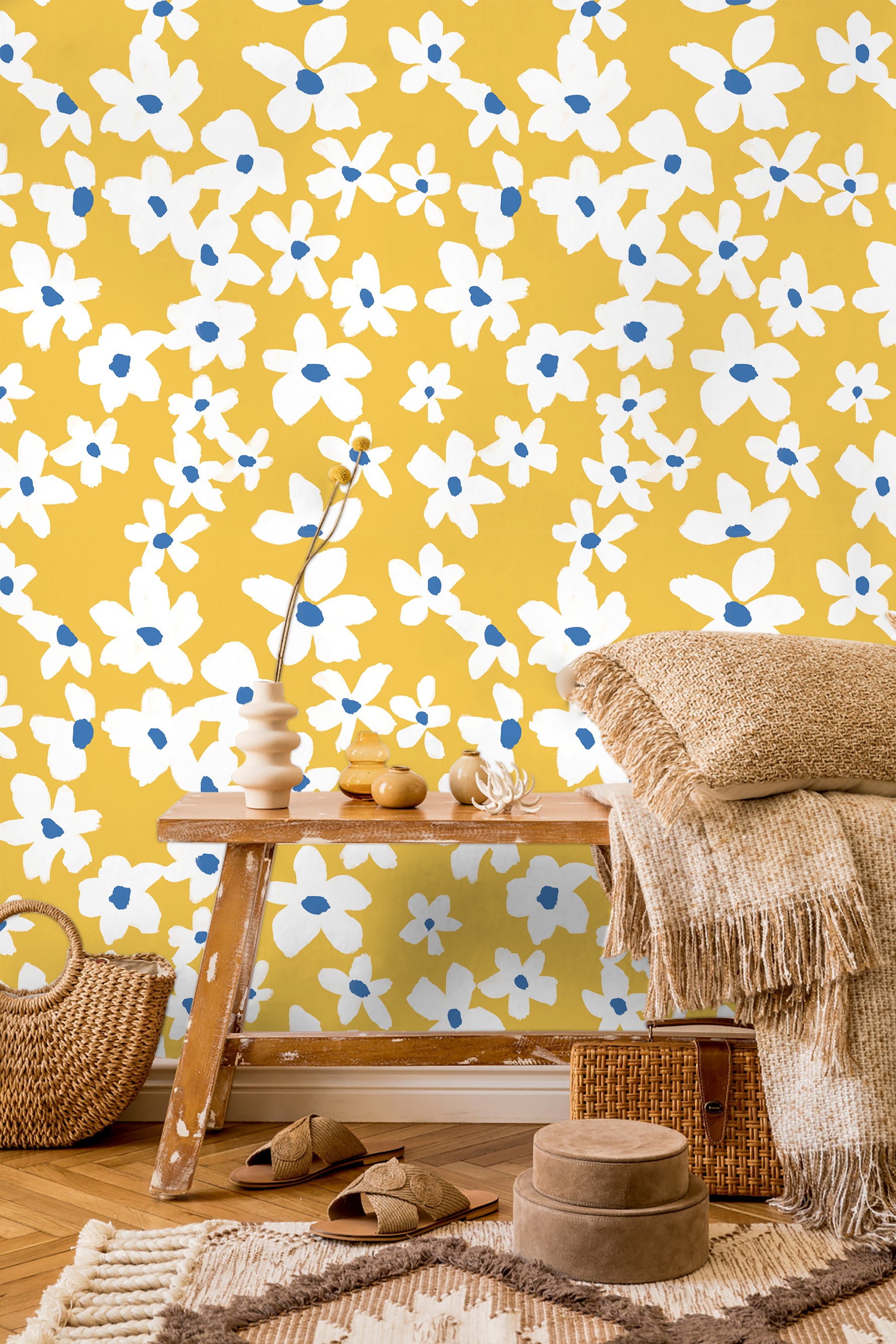 HaokHome 93391 Yellow White Floral Wallpaper Removable Wall Paper for Bedroom Bathroom Textured