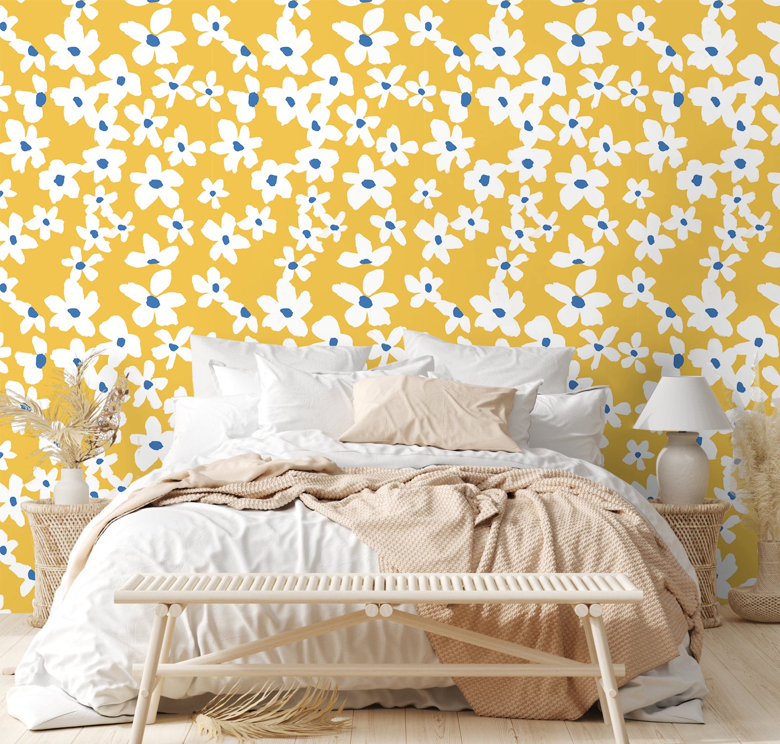 HaokHome 93391 Yellow White Floral Wallpaper Removable Wall Paper for Bedroom Bathroom Textured