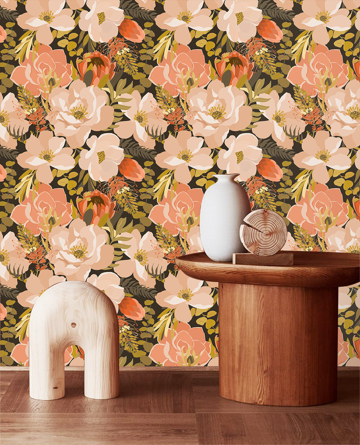 HaokHome Moody Dark Floral Peel and Stick Wallpaper, Blush Pink & Coral Protea Removable Wallpaper for Accent Wall