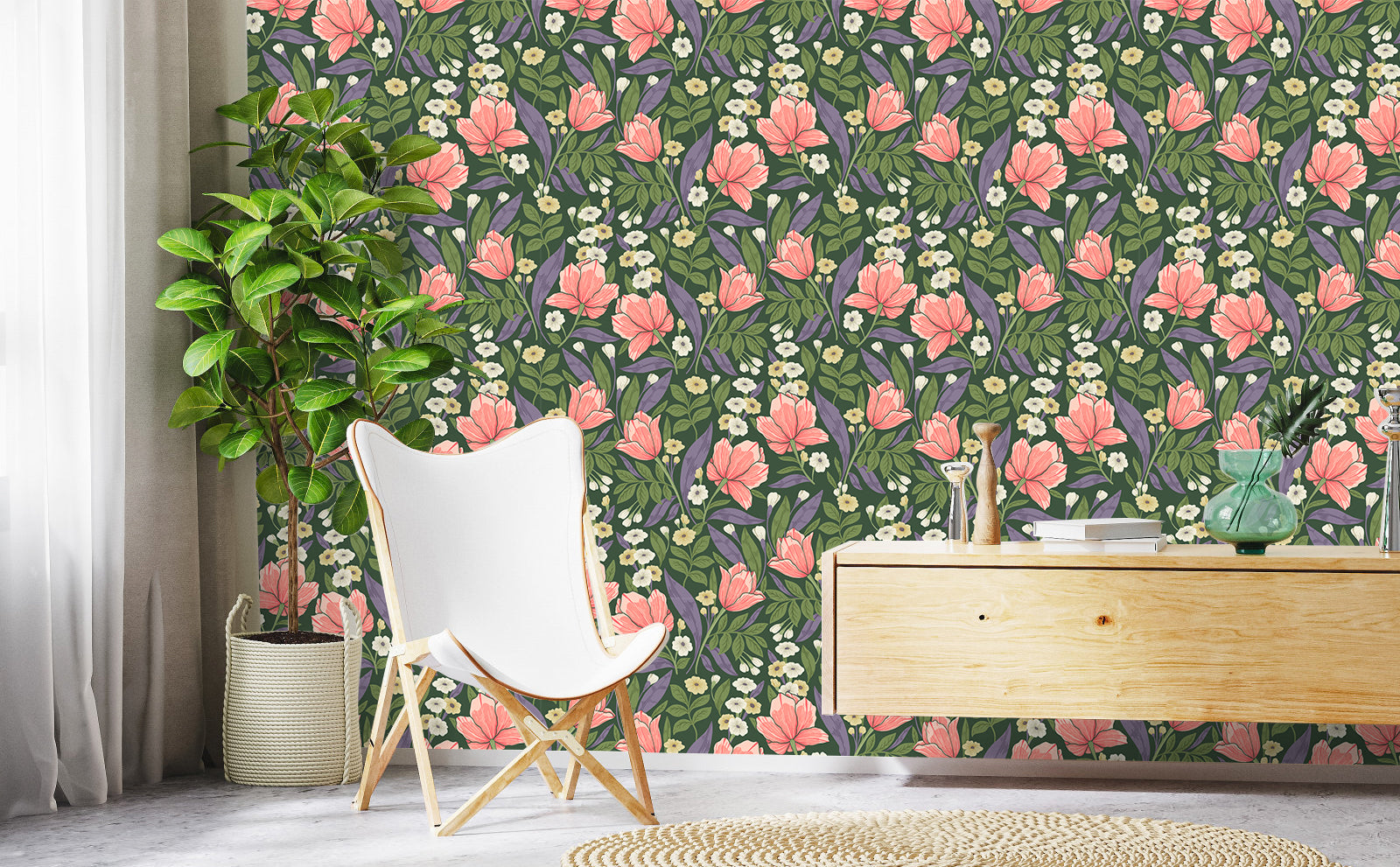 HaokHome Dark Green Coral Tulip Botanical Removable Self‑Adhesive Wall Covering, Moody Floral Peel and Stick Wallpaper