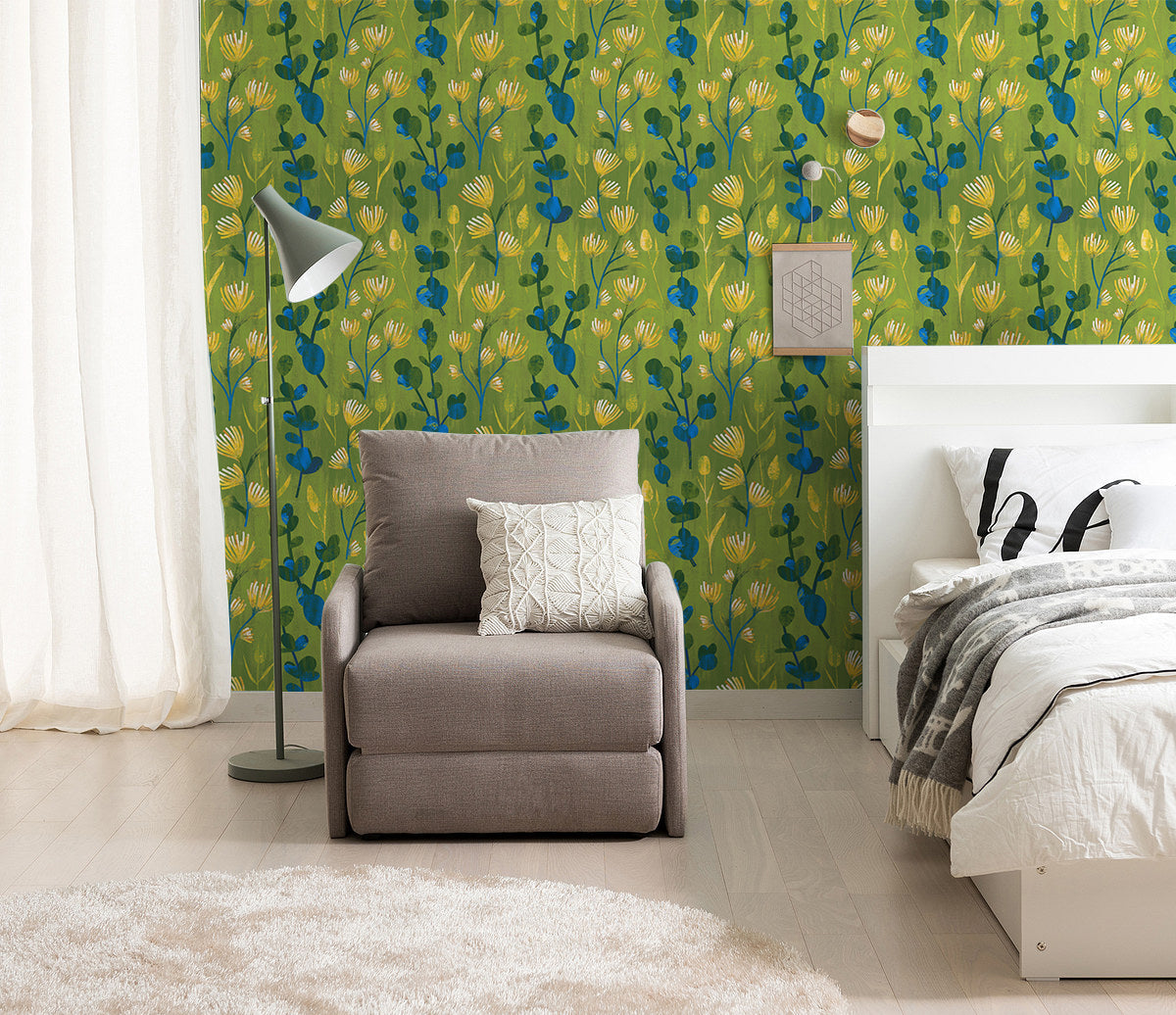 HaokHome Modern Abstract Botanical Peel and Stick Wallpaper, Green & Blue Whimsical Floral Removable Wallpaper for Home Decor