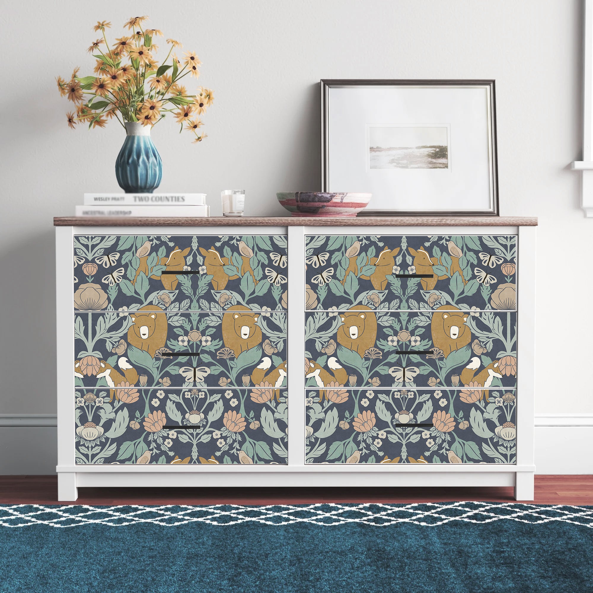 HaokHome Whimsical Woodland Wallpaper – Bears, Foxes & Butterflies in Soft Pastel Floral Design for Nursery & Living Rooms