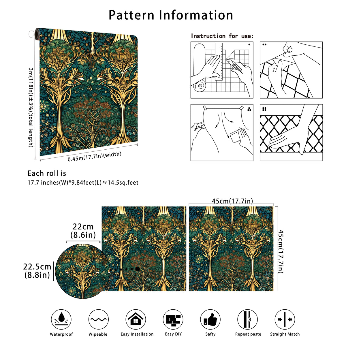 HaokHome Art Nouveau Botanical Wallpaper – Elegant Golden Floral Design on Dark Teal Background