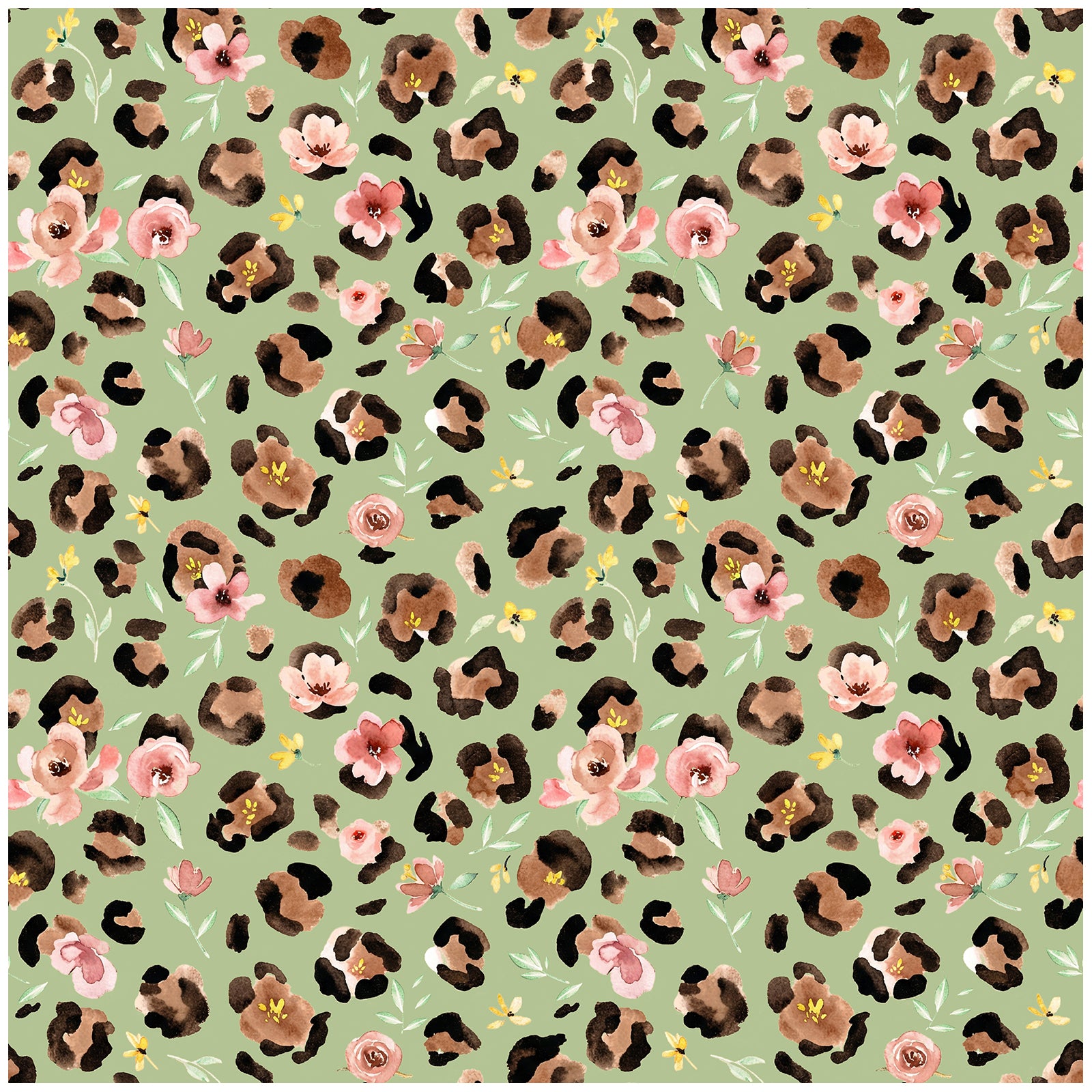 HaokHome Watercolor Leopard Floral Peel and Stick Wallpaper – Pink Flowers on Sage Green Background