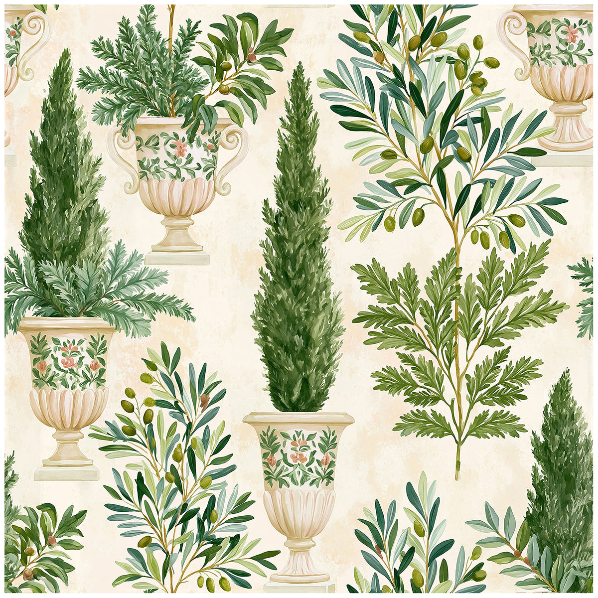 Haokhome Mediterranean Potted Cypress Olive Peel and Stick Wallpaper, Classical Garden Urn Wall Decor