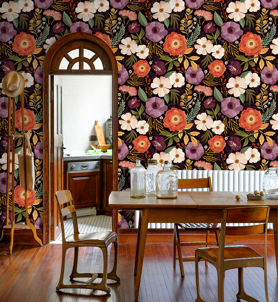 HaokHome Floral Pattern Wallpaper – Elegant Poppies, Daisies, and Leaves on Deep Burgundy Background