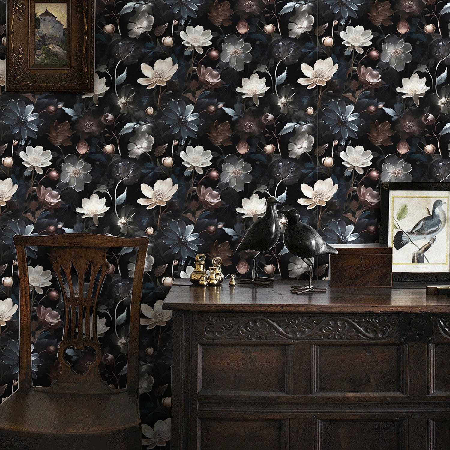 HaokHome Wallpaper Peel and Stick Dark Floral Watercolor Wall Decor in Black, White & Burgundy Removable Mural