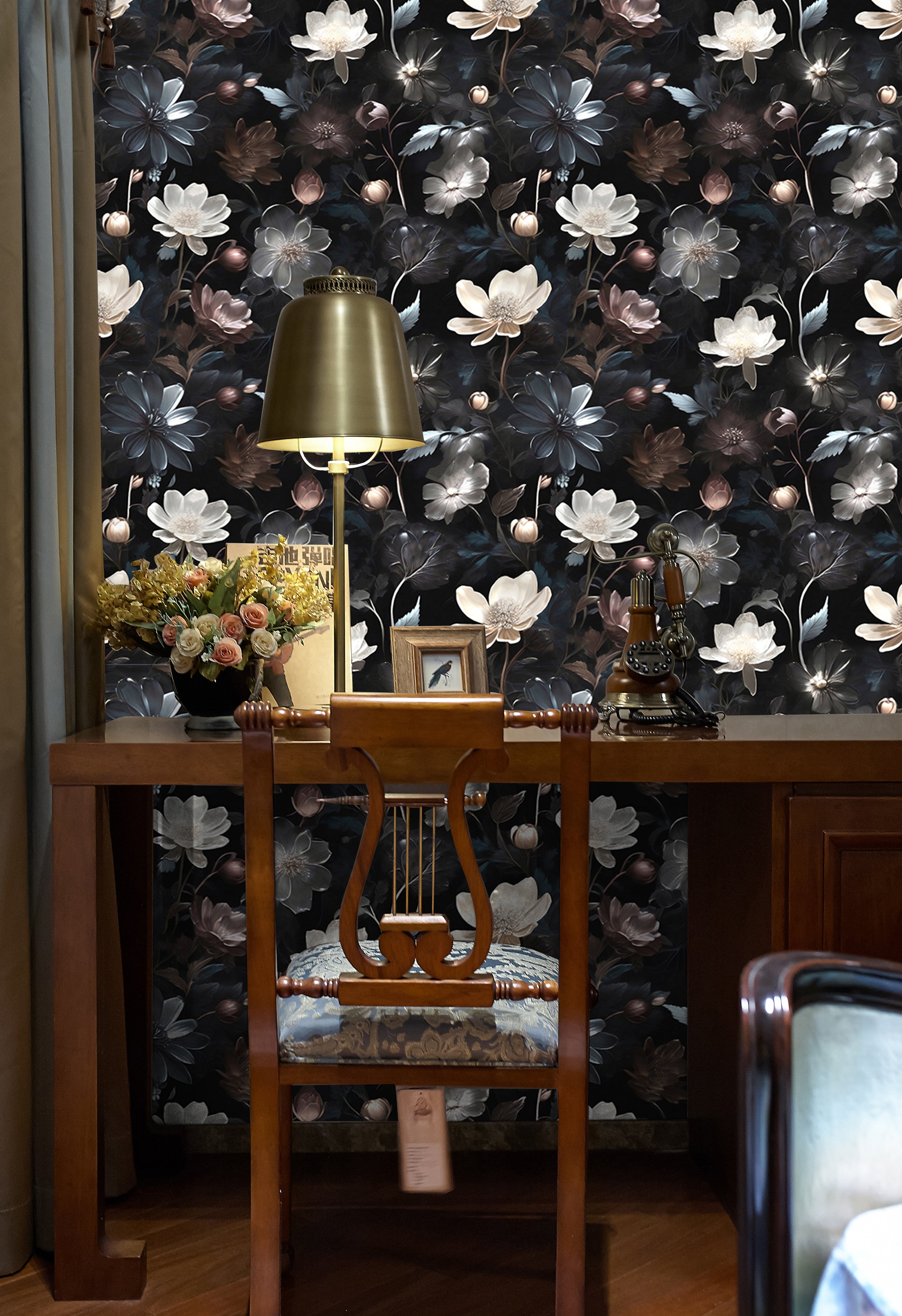 HaokHome Wallpaper Peel and Stick Dark Floral Watercolor Wall Decor in Black, White & Burgundy Removable Mural