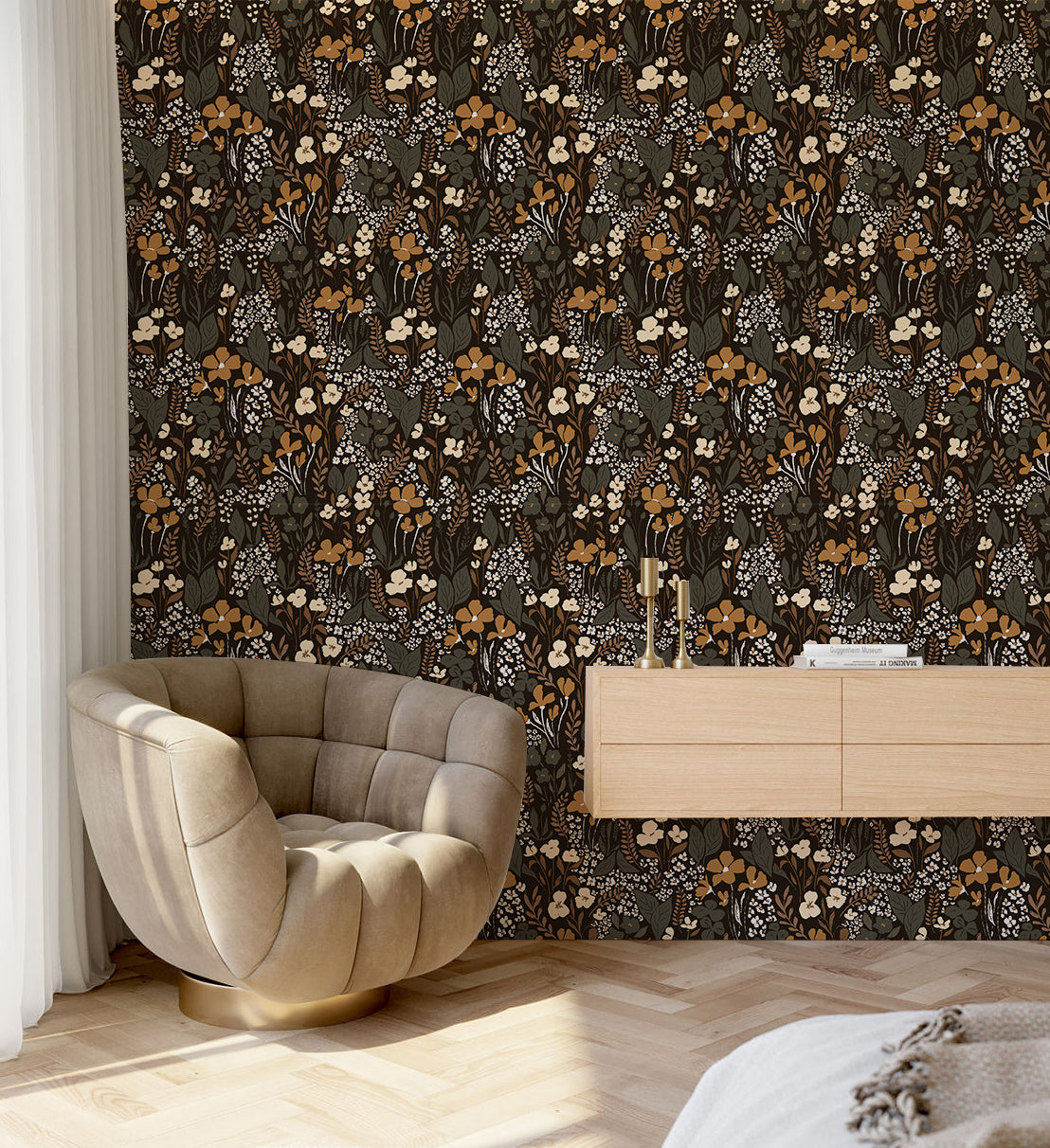 HaokHome Wallpaper Peel and Stick Vintage Floral Black/Gold/Beige Botanical Wall Decor Removable Mural for Bedroom & Living Room