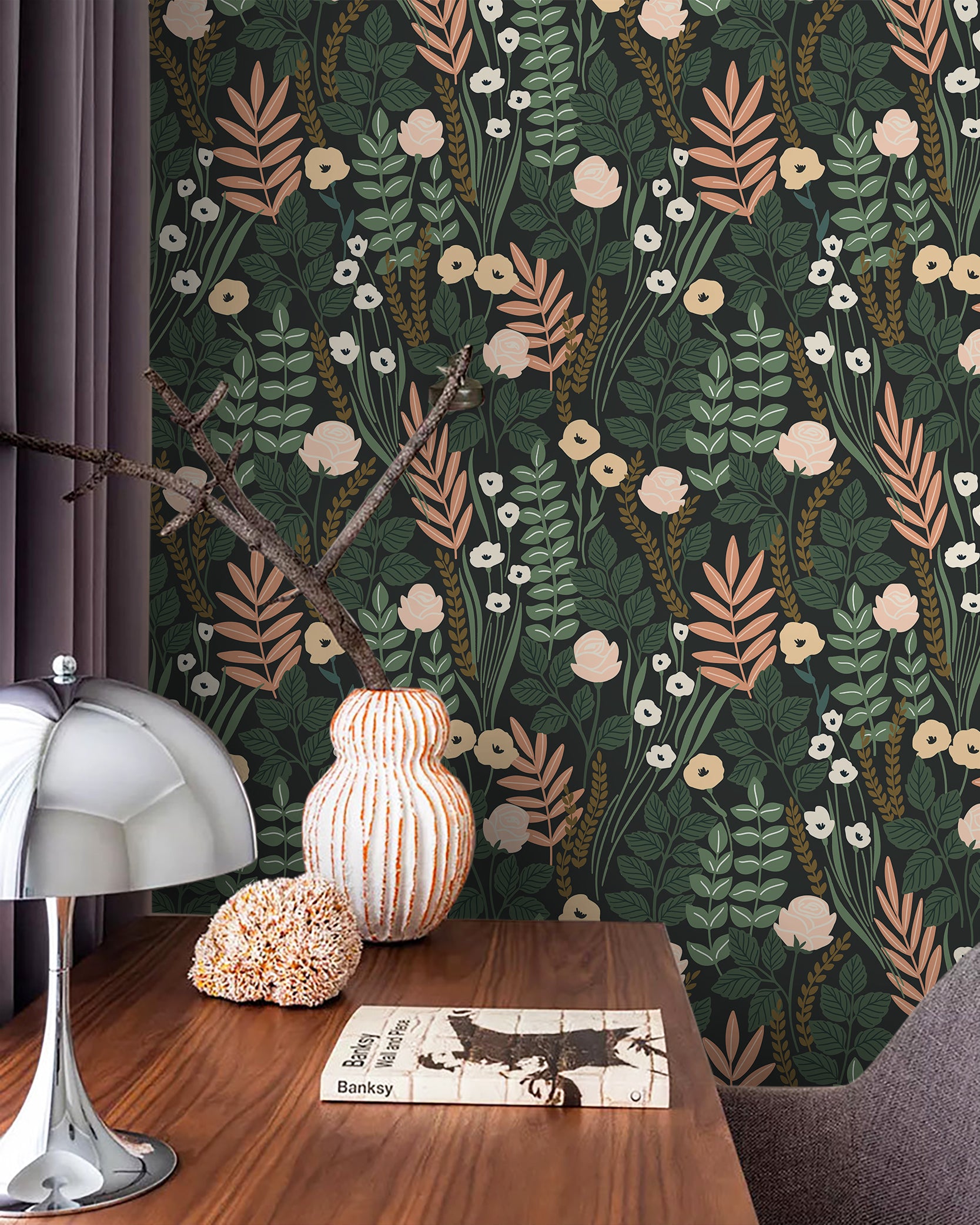 HaokHome Peel and Stick Wallpaper Floral Removable Stick on Contact Paper for Bathroom Decor Green/Beige/Black