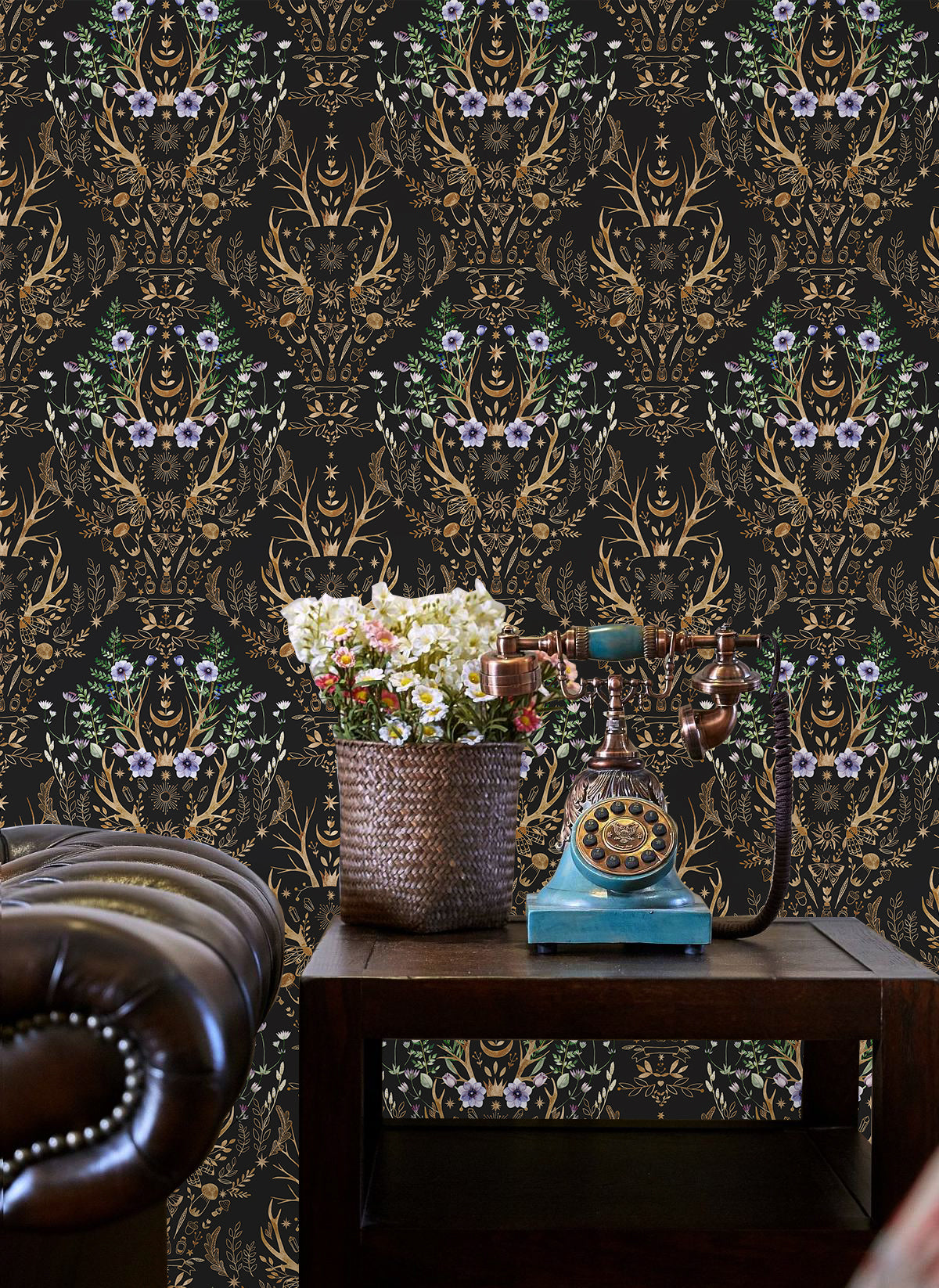 HaokHome Wallpaper Peel and Stick Retro Floral Damask Bronze/Black/Purple Wall Decor Bathroom Removable Mural