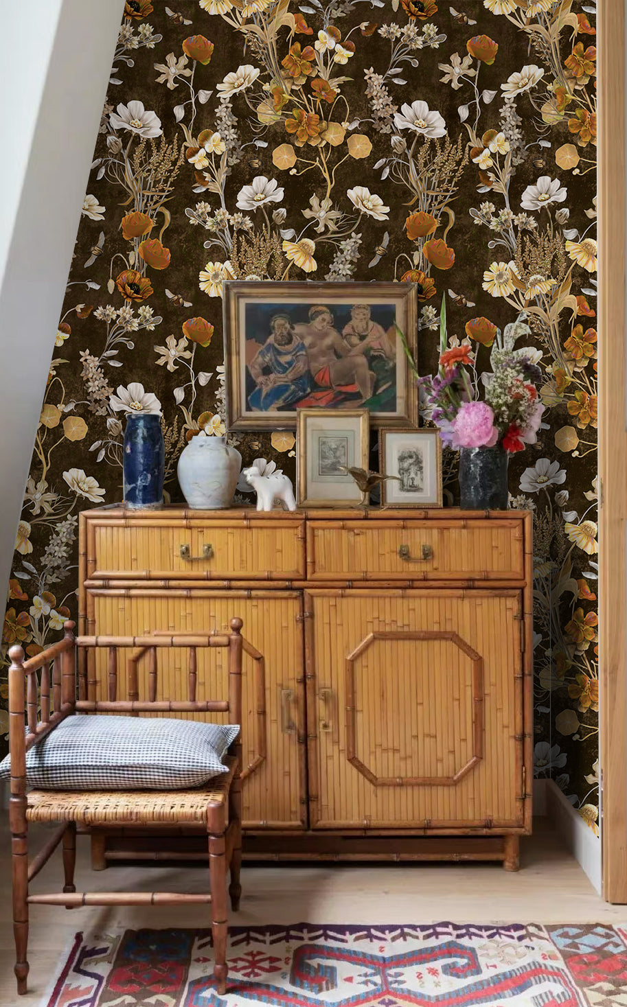 HaokHome Vintage Floral Wallpaper with Dark Brown Background Cozy Nature-Inspired Home Décor